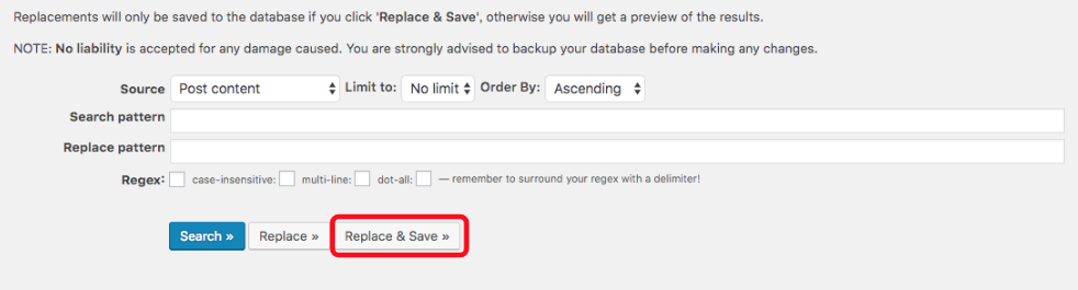 Search Regexで置換前後のURLを確認後Replace&Saveをクリック